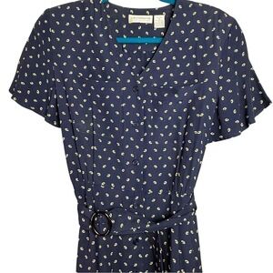 Vintage 90s Liz Claiborne Navy Blue Midi Tea Cirle Skater Ditsy Dress Size M/8